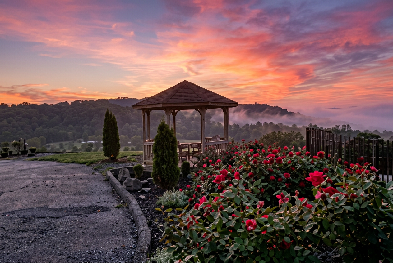 Sunset view from gazebo with rose garden